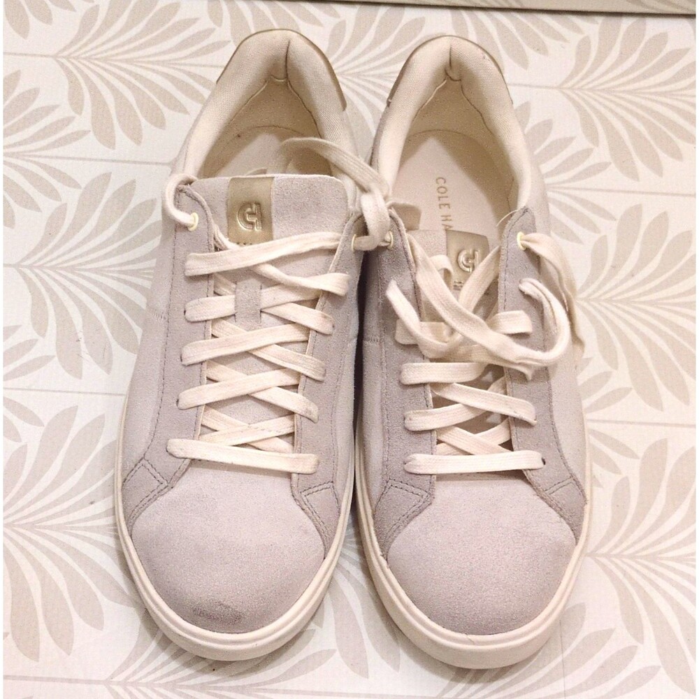 Cole Haan Women's Gray/White Suede Lace-Up Sneakers Round Toe Logo US 10 B